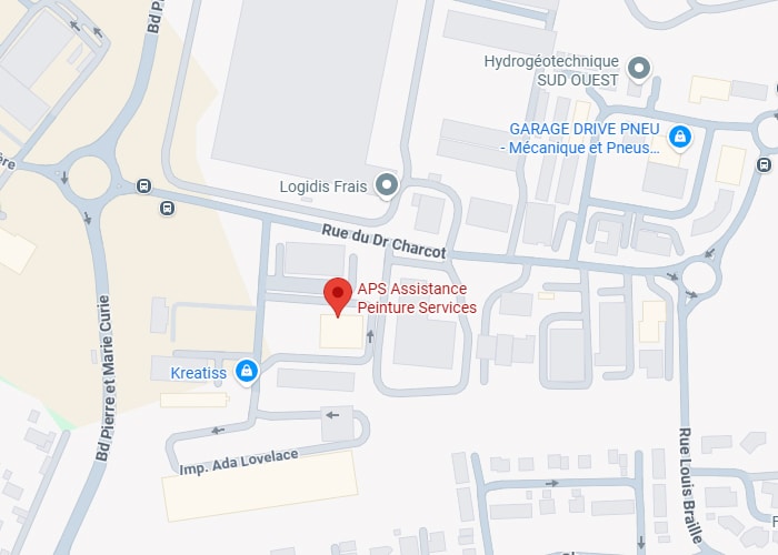APS Assistance Peinture Services : Carte d'accès Rue du Dr Charcot. Carte d'accès APS Assistance Peinture Services (Rue du Dr Charcot). Proximité Logidis Frais, Hydrogéotechnique SUD OUEST et Bd Pierre et Marie Curie.
