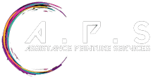 Logo APS Assistance Peinture Services avec arc de peinture coloré et lettrage blanc moderne.