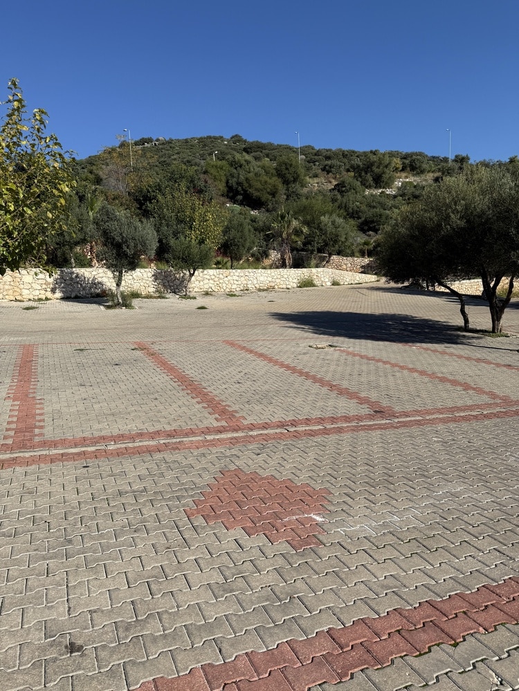 Parking en pavés sous le soleil : oliviers et colline méditerranéenne. Parking en pavés autobloquants gris marqué en rouge, avec flèche directionnelle. Oliviers et colline boisée sous ciel bleu éclatant.