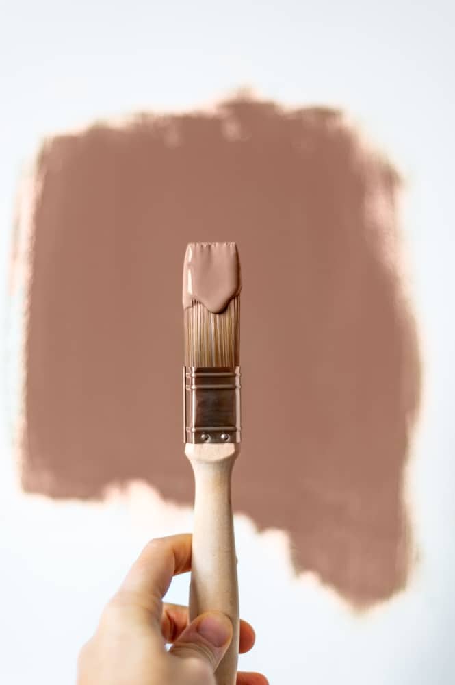Peinture terracotta : couleur tendance et pinceau de qualité Main tenant un pinceau chargé de peinture brun-rose coulant sur les poils. Grand échantillon de couleur terracotta appliqué sur un mur blanc.